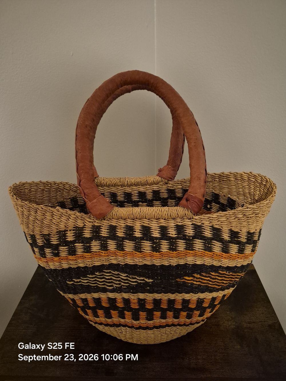 Handwoven Straw Market Tote with Brown Leather Handles